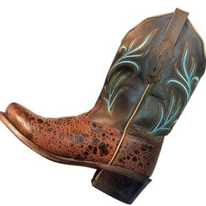 Brown Leather Western Cowboy Boot with Turquoise Stitching